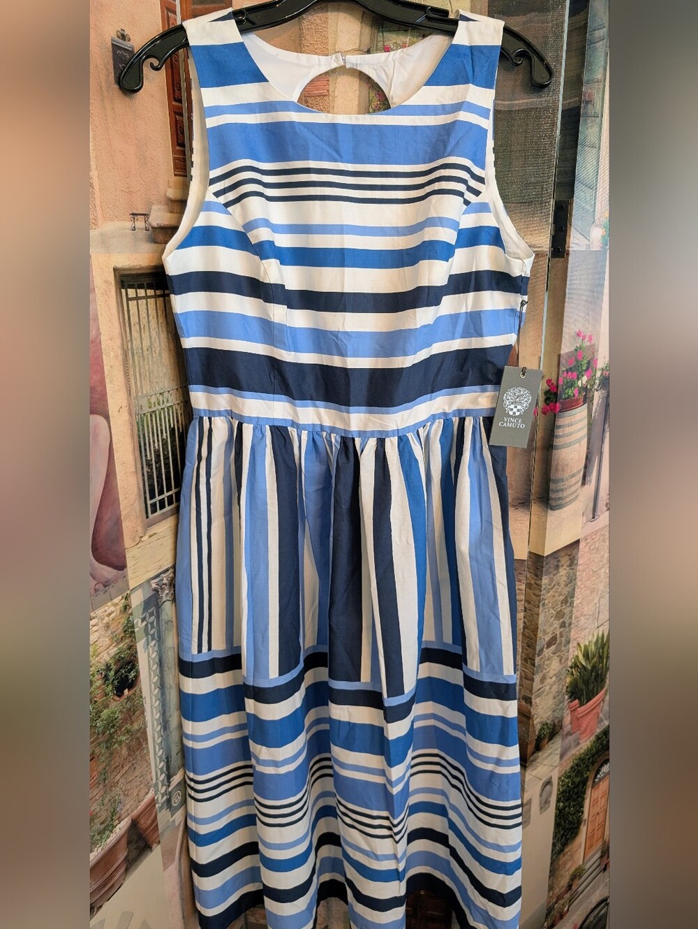 Vince Camuto Blue, Navy & White Striped Sleeveless Fit-and-Flare Dress